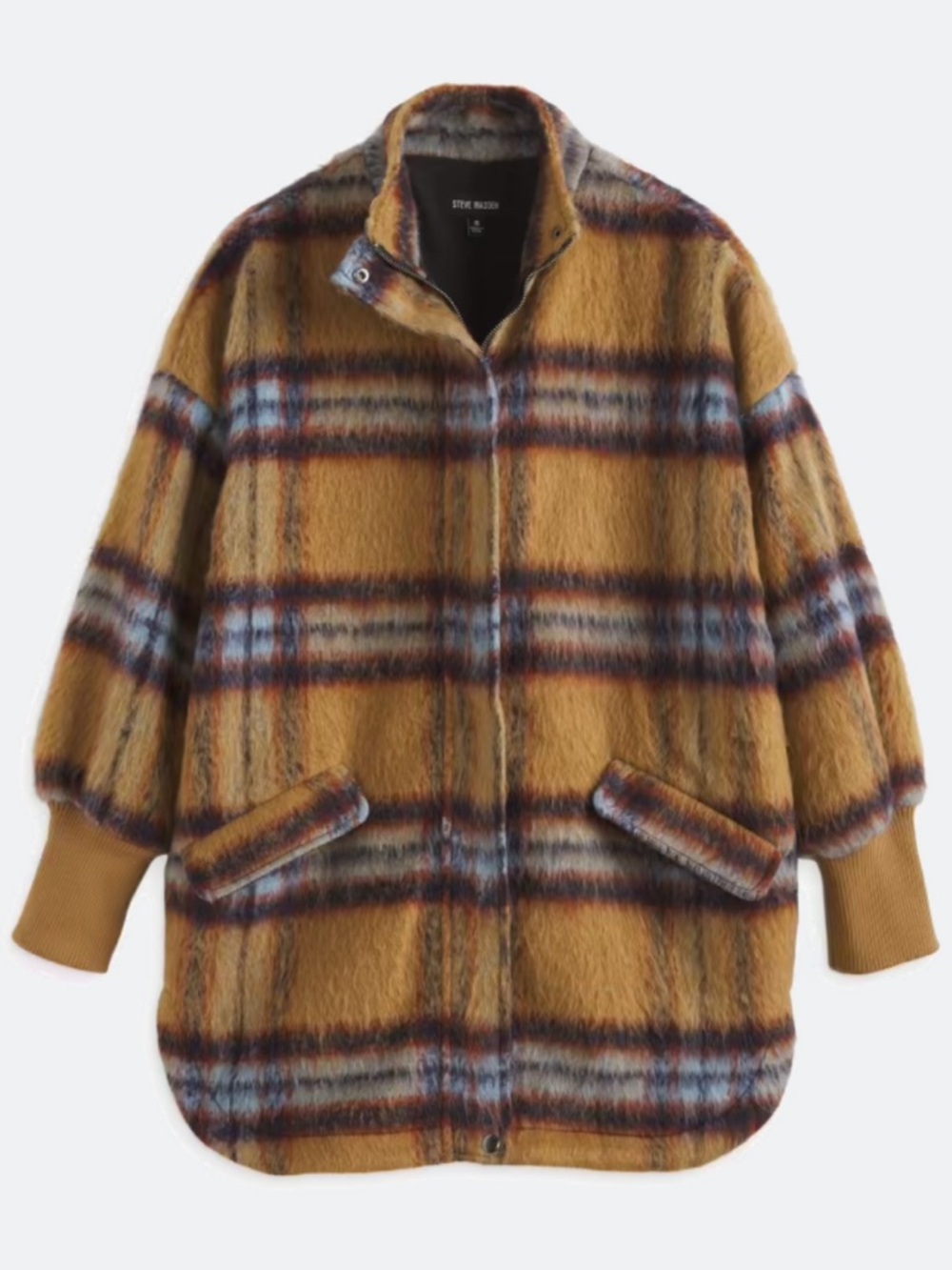 Steve Madden Apparel Plaid Times Shacket l Mustard Plaid Teddy Zip-Front Jacket
